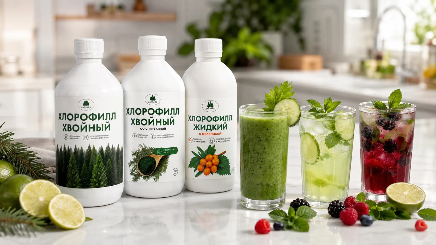 Три белые бутылки хлорофилла и три стакана освежающих напитков от зеленого до ягодного цвета с лаймом, ягодами и мятой на кухонной столешнице