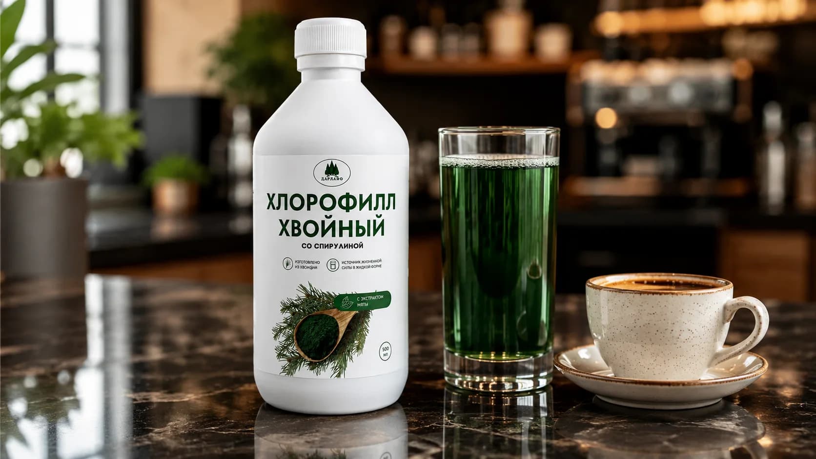Белая бутылка хлорофилла со спирулиной, стакан с зеленым напитком и чашка кофе на темной мраморной столешнице