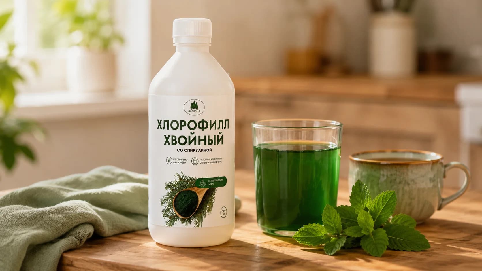 Белая бутылка хвойного хлорофилла, стакан с зеленым напитком и свежая мята на деревянном столе