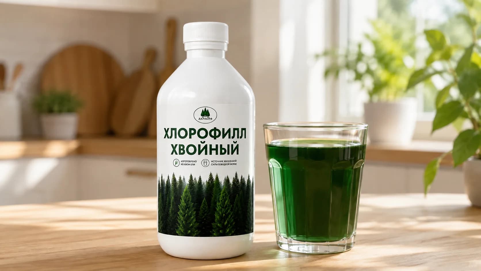 Белая бутылка хвойного хлорофилла и стакан зеленого напитка на деревянном столе у окна с комнатными растениями