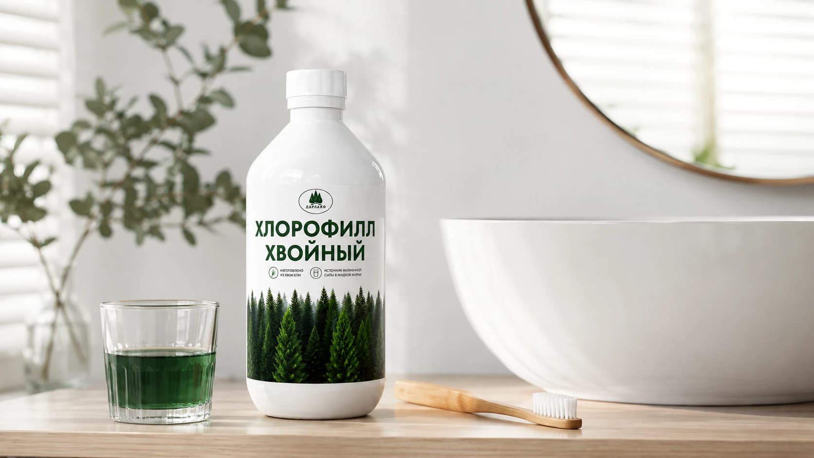 Белая бутылка хвойного хлорофилла и стакан с темно-зеленой жидкостью рядом с зубной щеткой в ванной комнате