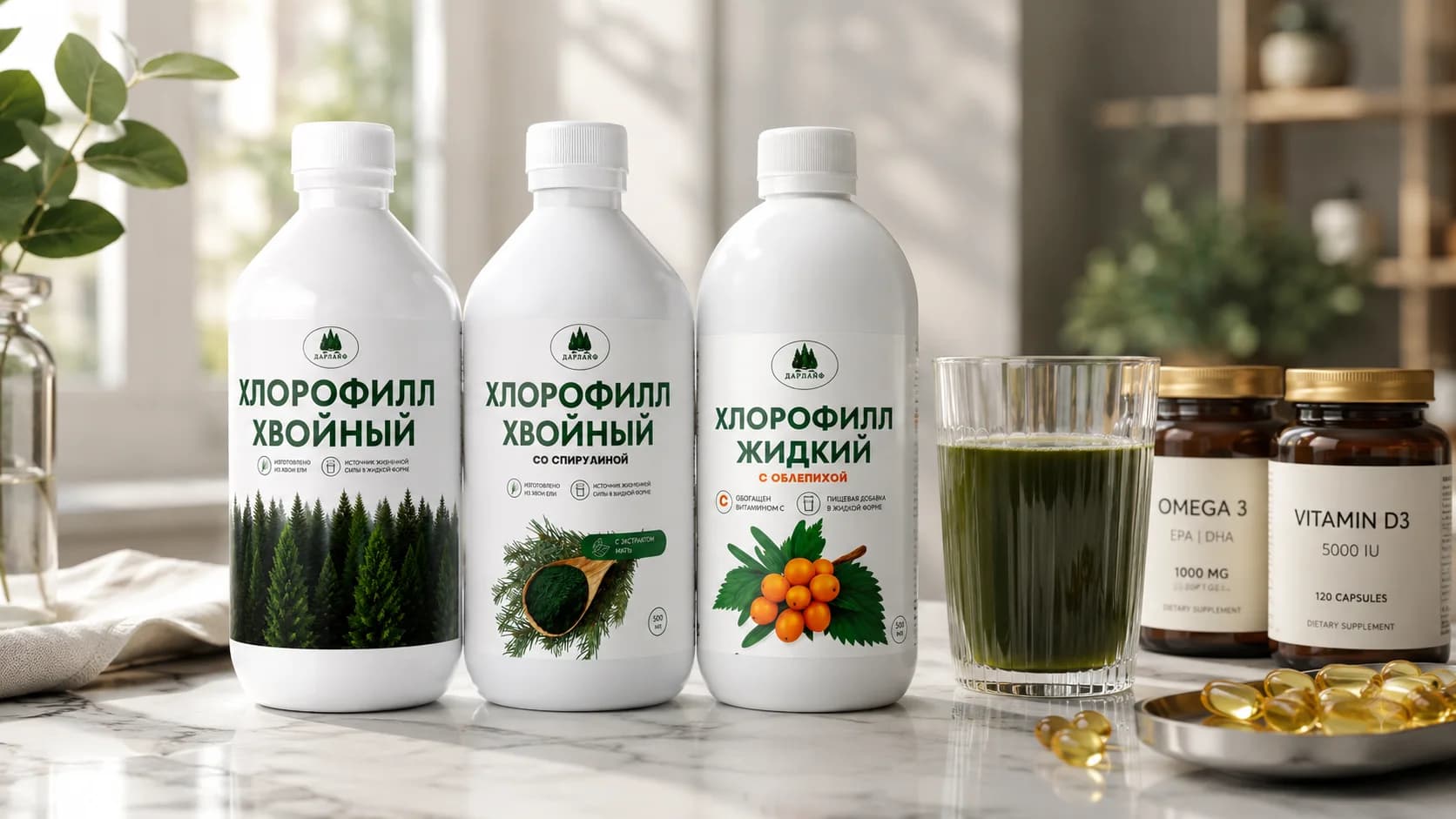 Три белые бутылки хлорофилла, стакан с зеленым напитком и флаконы с омега-3 и витамином D на мраморной поверхности